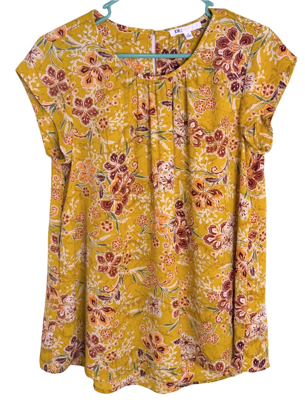 3/$20 DR2 Mustard Yellow Floral Short Cap Sleeve Tunic Blouse Size Medium